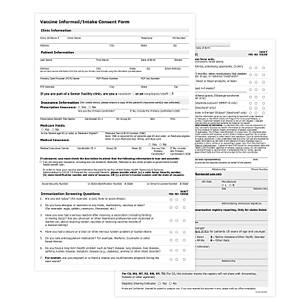 Vaccine Patient Intake Forms, General, 1-Part, 2-Sided, 8-1/2" x 14", Pack Of 250 Forms