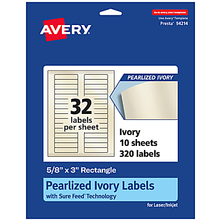 Avery® Pearlized Permanent Labels With Sure Feed®, 94214-PIP10, Rectangle, 5/8" x 3", Ivory, Pack Of 320 Labels