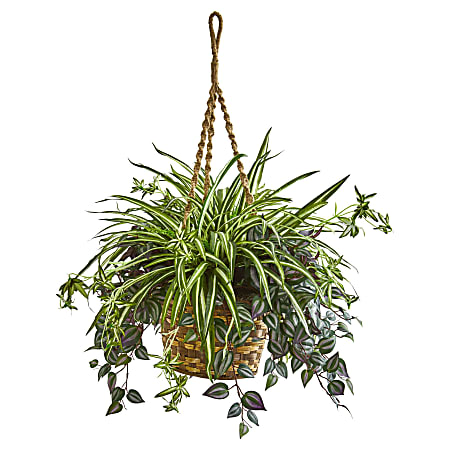 Nearly Natural 30"H Wandering Jew & Spider Artificial Plant With Hanging Basket, 30"H x 24"W x 24"D, Brown/Green
