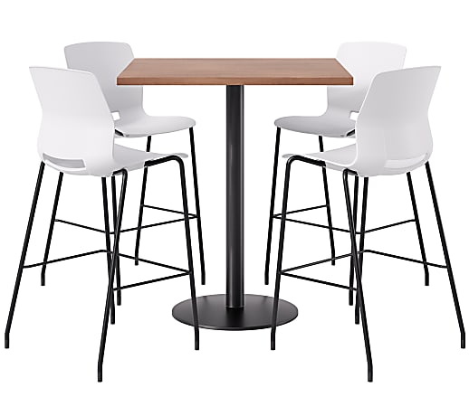 KFI Studios Proof Bistro Square Pedestal Table With Imme Bar Stools, Includes 4 Stools, 43-1/2”H x 36”W x 36”D, River Cherry Top/Black Base/White Chairs