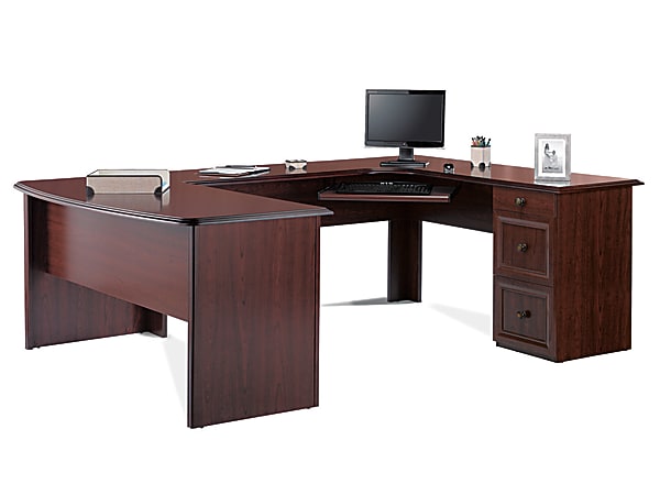 Realspace Broadstreet 65 U Desk Cherry, Executive U Shaped Desk With Hutch And Storage Cabinet