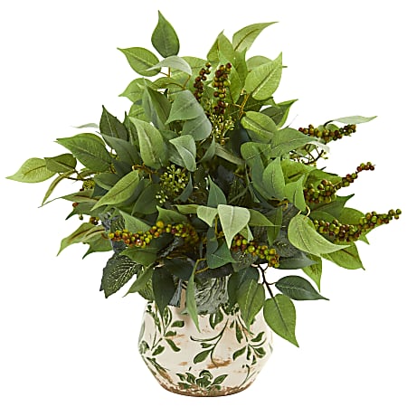 Nearly Natural Mixed Ficus, Fittonia and Berries 13”H Artificial Plant With Floral Vase, 13”H x 12”W x 12”D, Green/Multicolor
