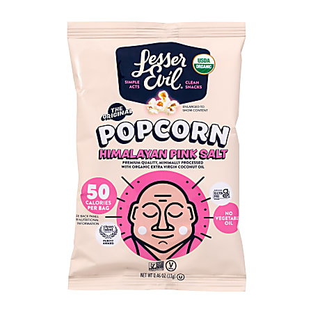 LesserEvil Himalayan Pink Salt Organic Popcorn, 0.46 Oz, Pack Of 24 Bags
