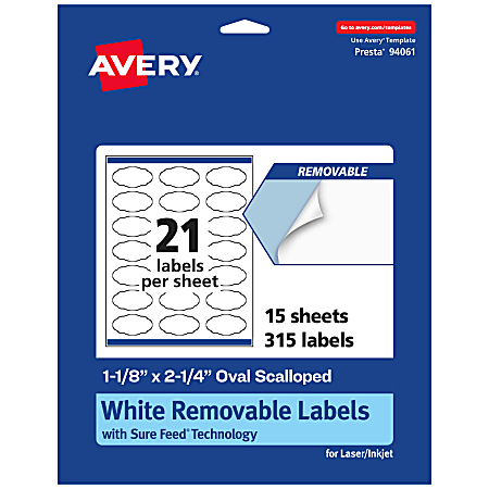 Avery® Removable Labels With Sure Feed®, 94061-RMP15, Oval Scalloped, 1-1/8" x 2-1/4", White, Pack Of 315 Labels