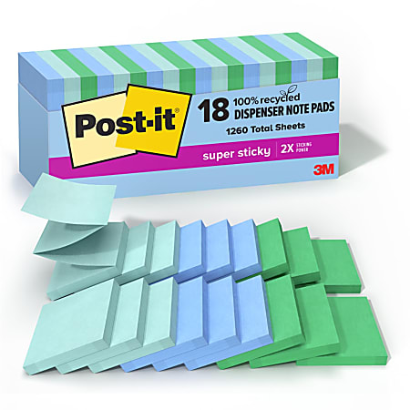Post-it® Super Sticky Pop Up Notes, 3 in x 3 in, 18 Pads, 70 Sheets/Pad, 2x the Sticking Power, Oasis Collection