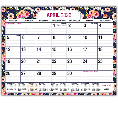 2026-2027 Excello Brands Academic Year Large Print Desk Pad Calendar, 22" x 17", Navy Floral, April To December, Total Qty 1