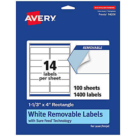 Avery® Removable Labels With Sure Feed®, 94206-RMP100, Rectangle, 1-1/3" x 4", White, Pack Of 1,400 Labels