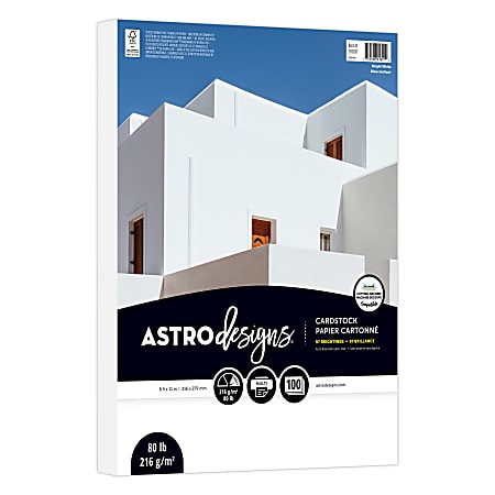 Astrodesigns Cardstock, Bright White, Letter (8-1/2" x 11"), 80 Lb, Pack Of 100 Sheets