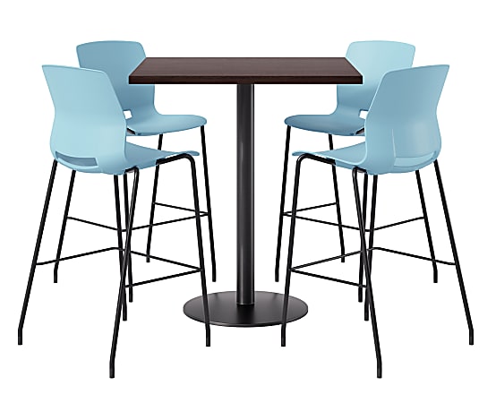 KFI Studios Proof Bistro Square Pedestal Table With Imme Bar Stools, Includes 4 Stools, 43-1/2”H x 42”W x 42”D, Cafelle Top/Black Base/Sky Blue Chairs