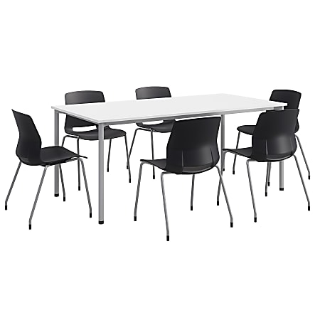 KFI Studios Dailey Table Set With 6 Poly Chairs, White/Silver Table/Black Chairs