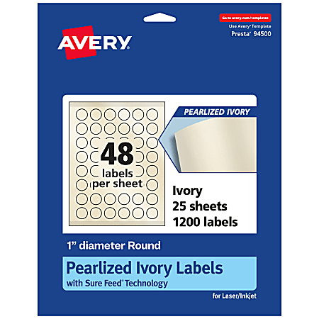 Avery® Pearlized Permanent Labels With Sure Feed®, 94500-PIP25, Round, 1" Diameter, Ivory, Pack Of 1,200 Labels