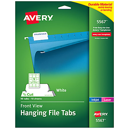 Avery® Printable Hanging File Folder Tabs, 1/5 Cut, White, Pack of 90 (5567)