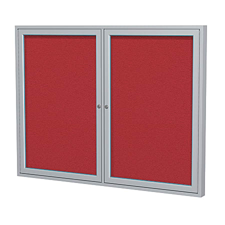 Ghent Traditional Enclosed 2-Door Fabric Bulletin Board, 36" x 48", Red, Satin Aluminum Frame