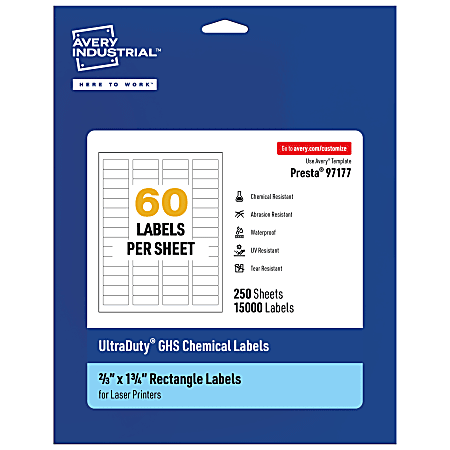 Avery® Ultra Duty® Permanent GHS Chemical Labels, 97177-WMU250, Rectangle, 2/3" x 1-3/4", White, Pack Of 15,000