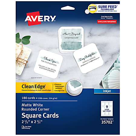 Avery® Clean Edge® Printable Square Cards With Sure Feed® Technology & Rounded Corners, 2.5" x 2.5", White, 180 Blank Cards For Inkjet Printers