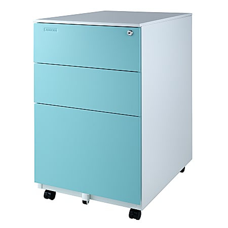 Aurora 24"D Vertical 3-Drawer Mobile File Cabinet, Metal, White/Aqua Blue