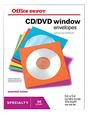Office Depot® Brand Color CD/DVD Envelopes, Assorted Colors, Pack of 50