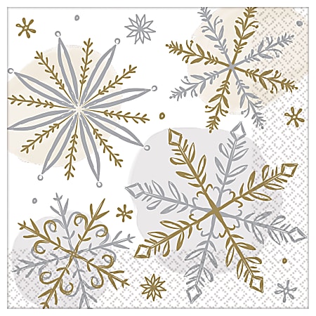 Amscan Christmas Shining Snow 2-Ply Beverage Napkins, 5" x 5", Silver, Pack Of 96 Napkins