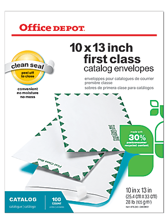 Office Depot® Brand 10" x 13" Catalog Envelopes, First Class, Clean Seal, 30% Recycled, White, Box Of 100