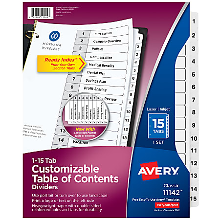 Avery® Ready Index® 1-15 Tab With Customizable Table Of Contents Dividers, Letter Size, 15 Tab, White, 1 Set