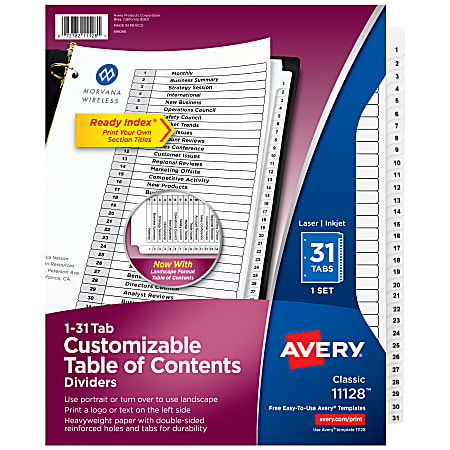 Avery® Ready Index® 1-31 Tab With Customizable Table Of Contents Dividers, Letter Size, 31 Tab, White, 1 Set