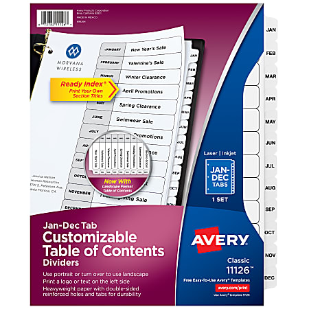 Avery® Ready Index® Jan-Dec Binder Dividers With Customizable Table of Contents, 8-1/2” x 11”, 12 Tabs Per Set, Classic White, 1 Set