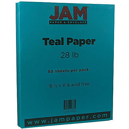 JAM Paper® Printer Paper, Letter Size (8 1/2" x 11"), 28 Lb, Teal Blue, Ream Of 50 Sheets