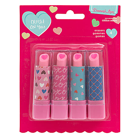 American Crafts Damask Love Valentine's Day Lipstick Erasers, Pack Of 4 Erasers