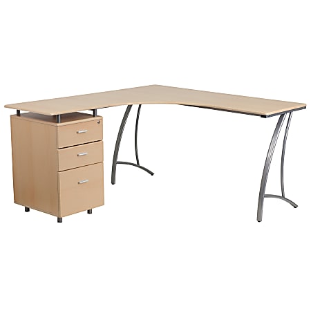 Flash Furniture Contemporary Laminate L-Shape Desk With 3-Drawer Pedestal, Beechwood