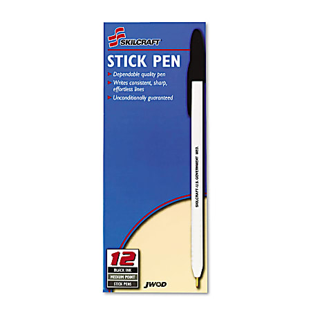 SKILCRAFT® Ballpoint Pens, Medium Point, White Barrel, Black Ink, Pack Of 12