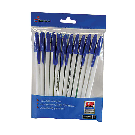 SKILCRAFT® Ballpoint Pens, Medium Point, White Barrel, Blue Ink, Pack Of 12
