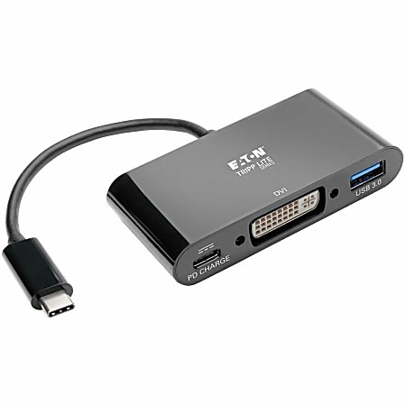 Eaton Tripp Lite Series USB C to DVI Adapter with USB-A Hub, Thunderbolt 3-1080p, PD Charging, Black, 6 in., USB Type C, US - U44406NDUBC