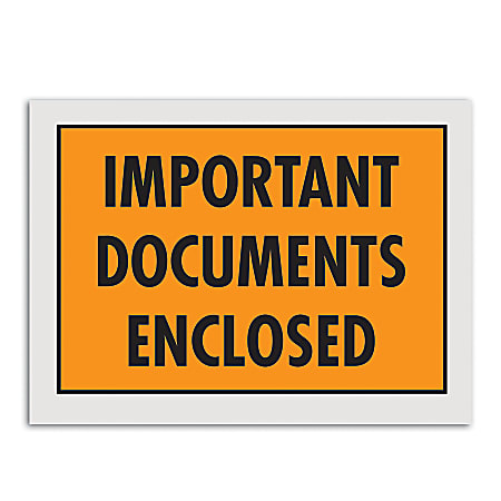Tape Logic® "Important Documents Enclosed" Envelopes, Full Face, 5 1/4" x 7 1/2", Orange, Pack Of 1,000