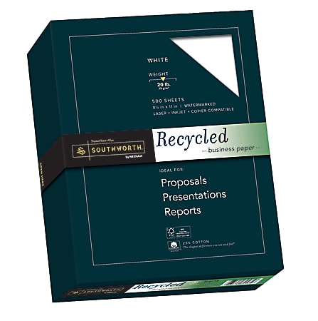 Southworth® FSC Certified Cotton Business Paper, 8 1/2" x 11", 75% Recycled, 20 Lb, White, Box Of 500