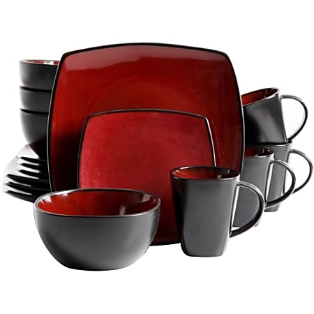 Gibson Home Soho Lounge 16-Piece Dinnerware Set, Red - - Stoneware - Dishwasher Safe - Microwave Safe - Red, Burgundy, Black - Reactive Glaze