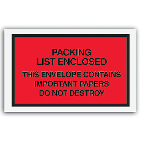 Tape Logic® "Important Papers Enclosed" Envelopes, 7" x 6", Red, Case of 1000