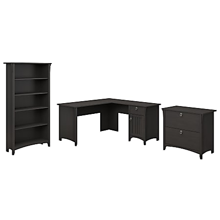 Bush Business Furniture Salinas 60"W L-Shaped Corner Desk With Lateral File Cabinet And 5 Shelf Bookcase, Vintage Black, Standard Delivery