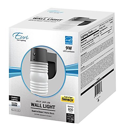 Euri Outdoor Jelly Jar LED Wall Light, Dusk/Dawn Sensor, 5000 Kelvin/Bright White, 9 Watts, 800 Lumens
