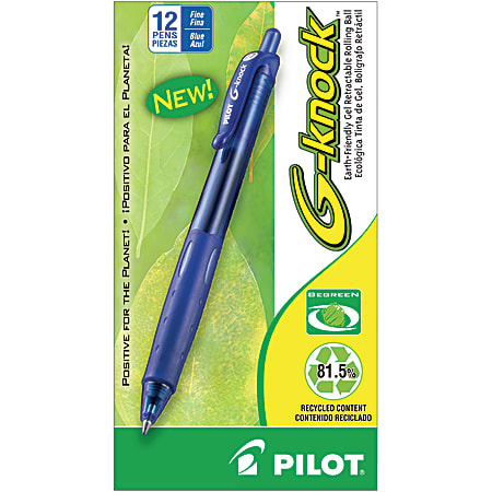 Pilot® G-Knock BeGreen Gel Rollerball Pen, Fine Point, 0.7 mm, 81% Recycled, Blue Barrel, Blue Ink, Pack Of 12