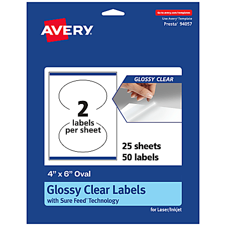 Avery® Glossy Permanent Labels With Sure Feed®, 94057-CGF25, Oval, 4" x 6", Clear, Pack Of 50