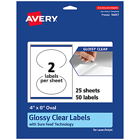 Avery® Glossy Permanent Labels With Sure Feed®, 94057-CGF25, Oval, 4" x 6", Clear, Pack Of 50