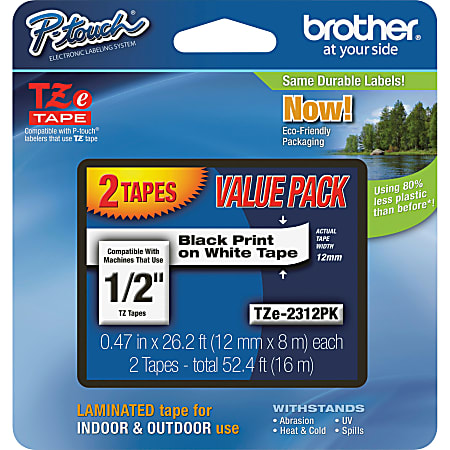 Brother P-touch TZe2312PK, Laminated, 2 X 0.47 in x 26.2 ft (12mm x 8m), Black on White Label Tape, 2 pack