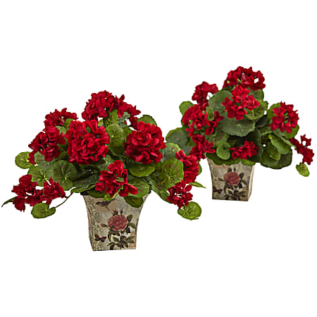Nearly Natural 11"H Silk Geranium Flowering Plants With Floral Planters, 11"H x 13"W x 11"D, Set Of 2 Plants