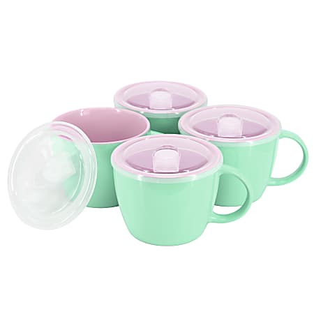 Gibson Home On The Go 4-Piece Stoneware Soup Cup Set With Lids, 25 Oz, Mint