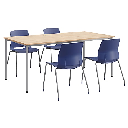 KFI Studios Dailey Table Set With 4 Sled Chairs, Natural/Silver Table/Navy Chairs