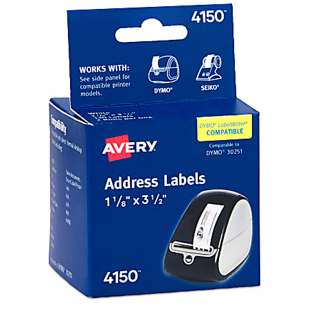 Avery® Direct Thermal Roll Labels, 4150, Rectanlge, 1-1/8" x 3-1/2", White, 130 Labels Per Roll, Box Of 2 Rolls