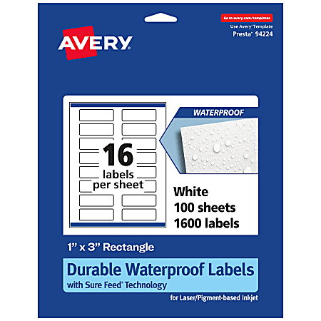 Avery® Waterproof Permanent Labels With Sure Feed®, 94224-WMF100, Rectangle, 1" x 3", White, Pack Of 1,600