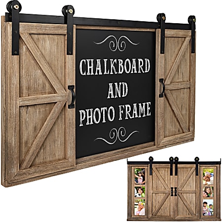 Excello Wall-Mounted Magnetic Chalkboard With Hideaway Photos Sign And Sliding Doors, Steel, 21-1/2” x 31-1/2”, Black, Brown Wood Frame