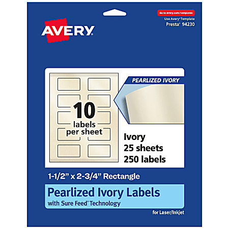 Avery® Pearlized Permanent Labels With Sure Feed®, 94230-PIP25, Rectangle, 1-1/2" x 2-3/4", Ivory, Pack Of 250 Labels