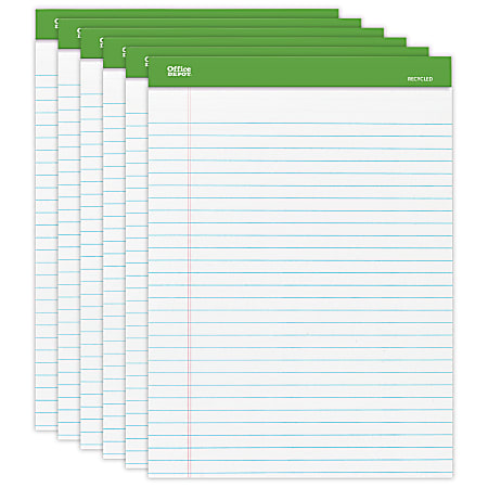 Office Depot® Brand 100% Recycled Perforated Legal Pads, 8 1/2" x 11 3/4", 50 Sheets White, Pack Of 6 Pads